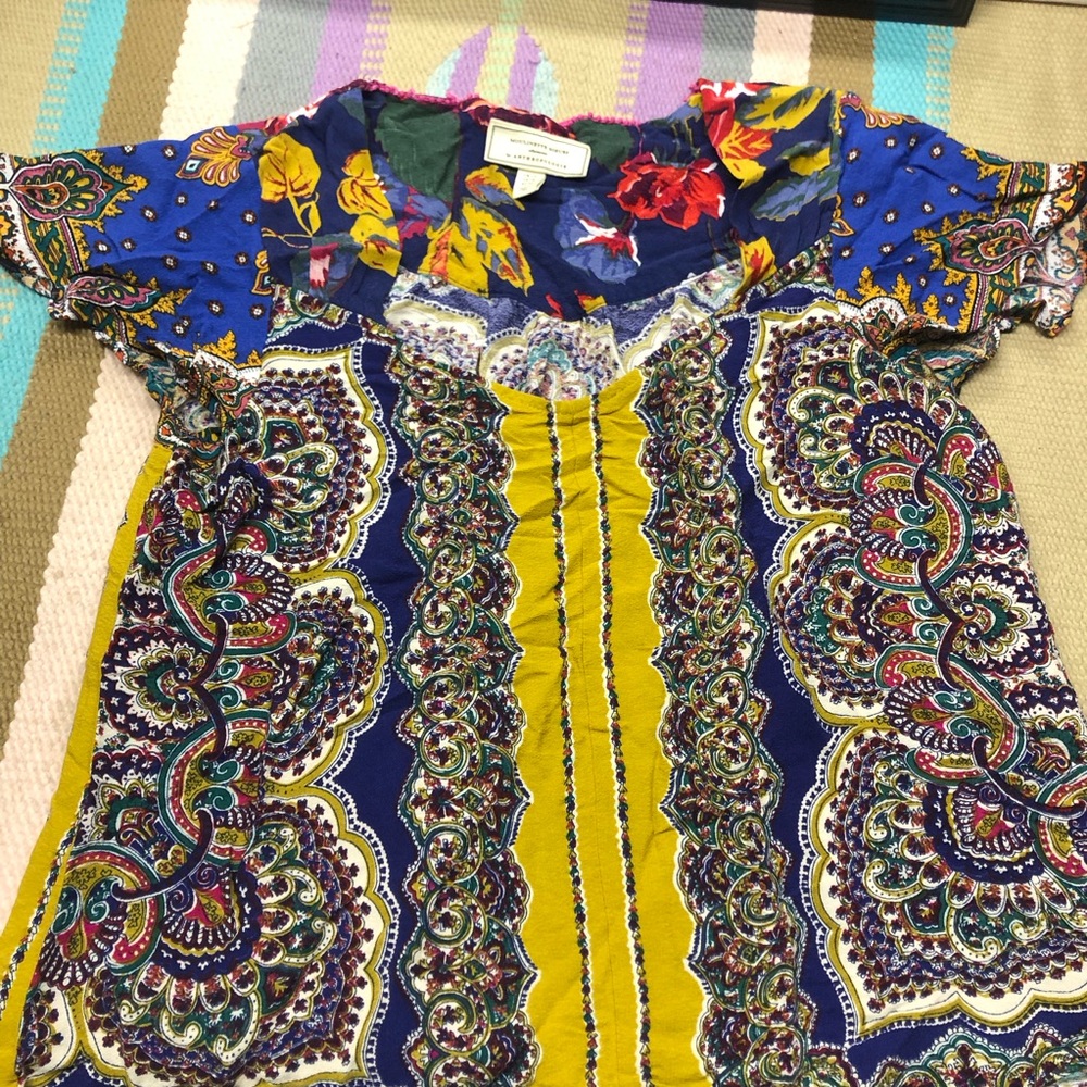 💙ANTHROPOLOGIE Colorful Paisley Women's Short Sleeve Blouse 🌎